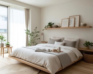 Lightfilled Muji bedroom with soft cotton bedding, floating wooden shelves, and a simple floor lamp