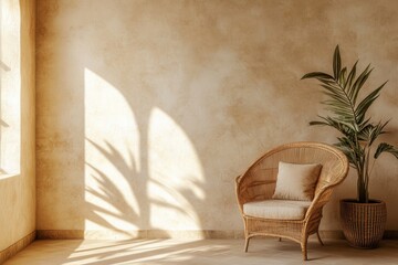 Fototapeta premium empty beige wall background with a rattan armchair and a potted plant in the living room