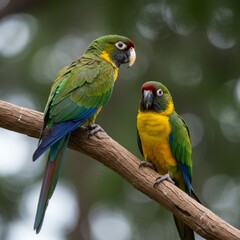 Obraz premium Two Colorful Parrots Perched on Branch