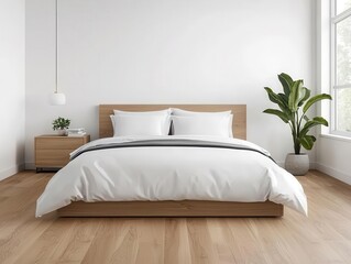 Modern Muji bedroom with neutralcolored bedding, large windows, and functional, minimalist storage