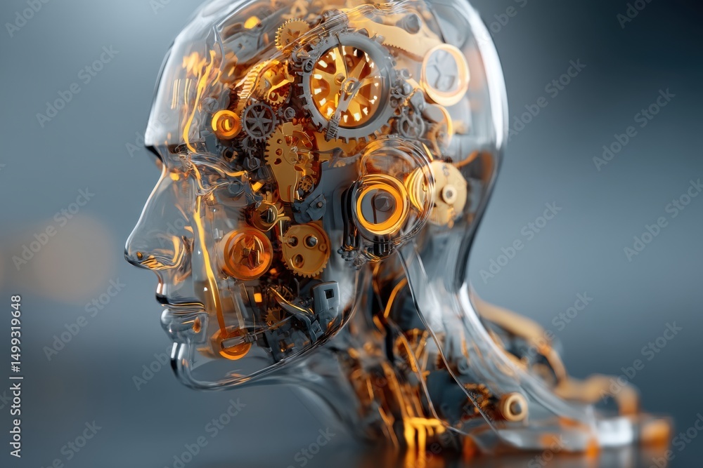 Poster a transparent humanoid head filled with intricate gears and mechanisms, symbolizing advanced artific