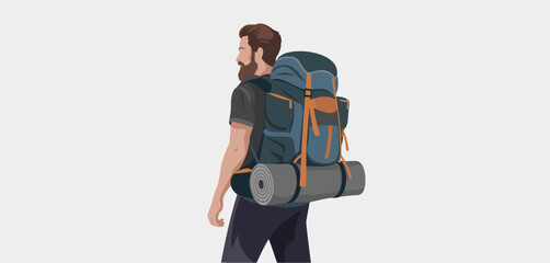 Bearded Man Hiking with Large Backpack and Sleeping Mat