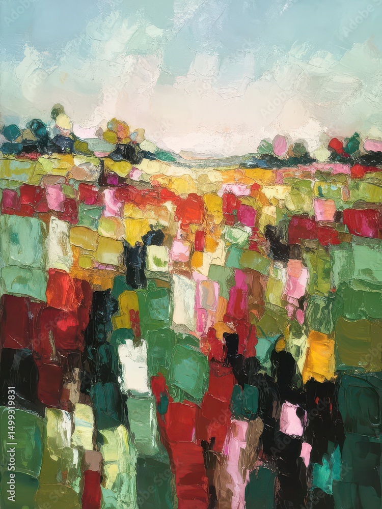 Poster vibrant impressionistic field depiction with bold color and texture strokes