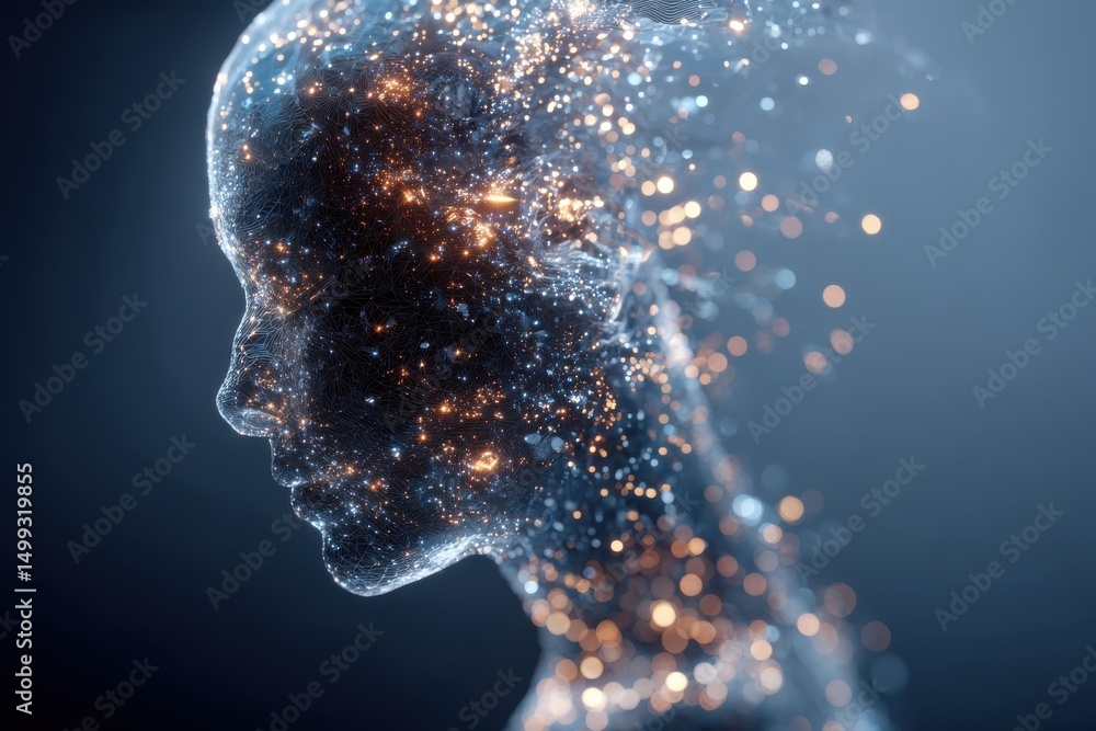 Poster abstract digital human head with glowing particles, representing ai and the future of technology wit