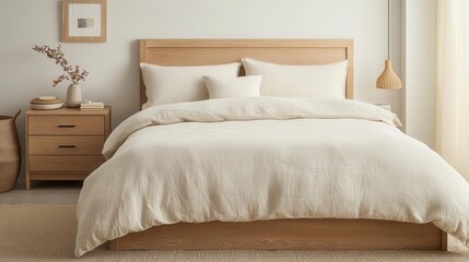 Obraz premium Simple and elegant Muji bedroom with soft, neutral tones, warm wooden elements, and a serene vibe