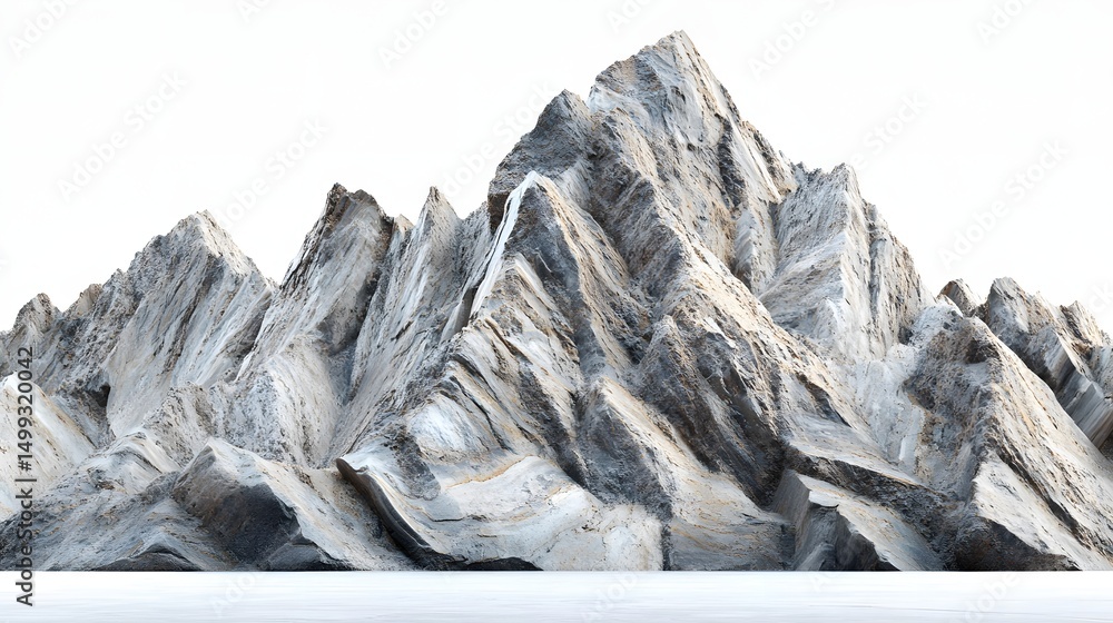 Poster a digitally rendered mountain range with sharp peaks against a white background in a landscape view