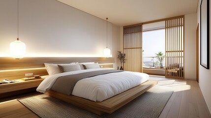 Obraz premium Modern JapandiMuji fusion bedroom with a warm neutral palette, soft linen bedding, and handcrafted decor