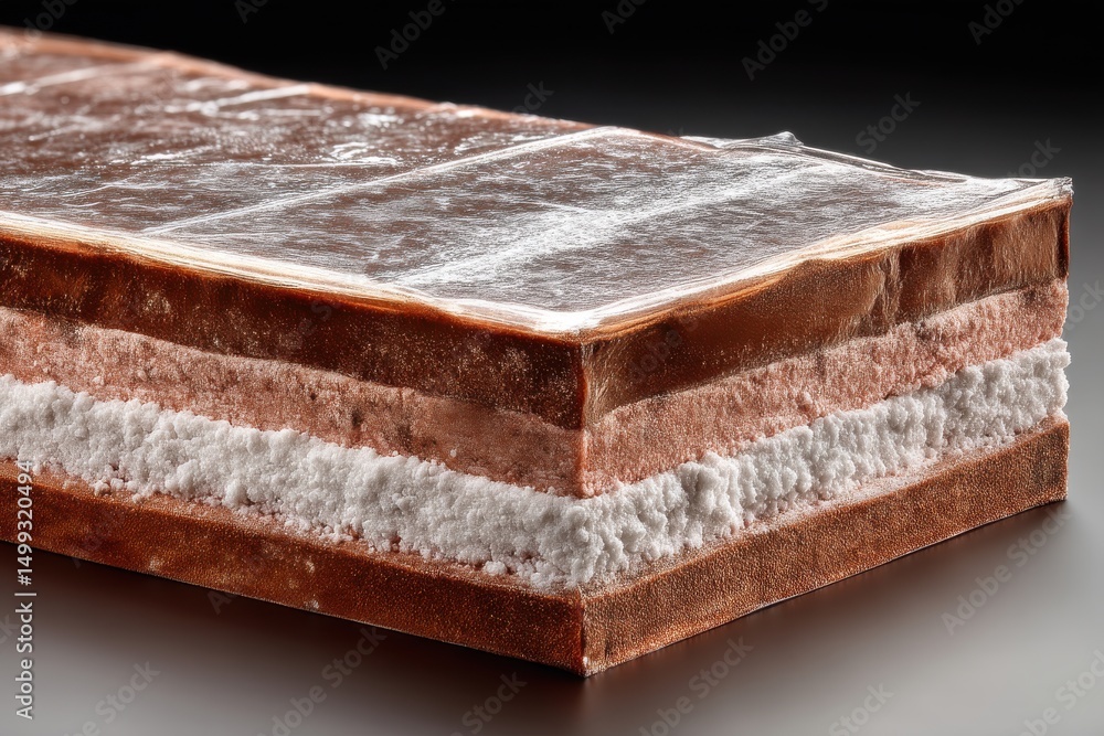 Poster close-up of a layered dessert with chocolate, cream, and a clear glaze on top. the layers have a tex