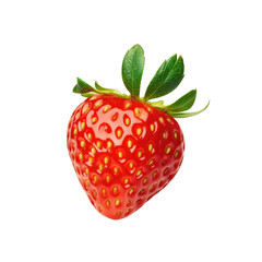 Obraz premium A single ripe red strawberry with green leaves isolated on a black background in a studio shot view