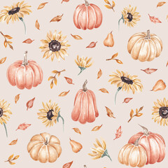 Autumn seamless pattern with sunflowers, pumpkins and falling leaves. Fall, Thanksgiving, design. For home textile, fabric, packaging. Hand drawn with watercolor. Harvest festival, Rustic design