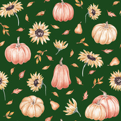 Autumn seamless pattern with sunflowers, pumpkins and falling leaves. Fall, Thanksgiving, design. For home textile, fabric, packaging. Hand drawn with watercolor. Harvest festival, Rustic design