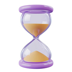 A stylized hourglass with purple accents and golden sand on a black background in a digital render