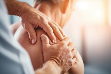Doctor's hands examining patient's shoulder muscles during a physical therapy session, providing manual treatment to relieve pain and improve mobility, enhancing well-being.