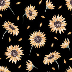 Floral seamless pattern with sunflowers and petals. Bright summer design. For home textile, fabric, packaging. Hand drawn with watercolor. Harvest festival, Rustic fabric pattern