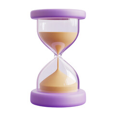 A purple hourglass with sand flowing from the top chamber to the bottom chamber on a black background