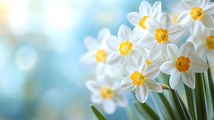 Fototapeta premium Beautiful white flowers on blue background with copy space spring theme