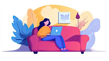Obraz premium Woman working online with laptop on couch