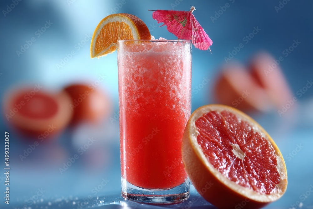 Poster a refreshing grapefruit cocktail with an orange slice and a paper umbrella, creating a vibrant and t