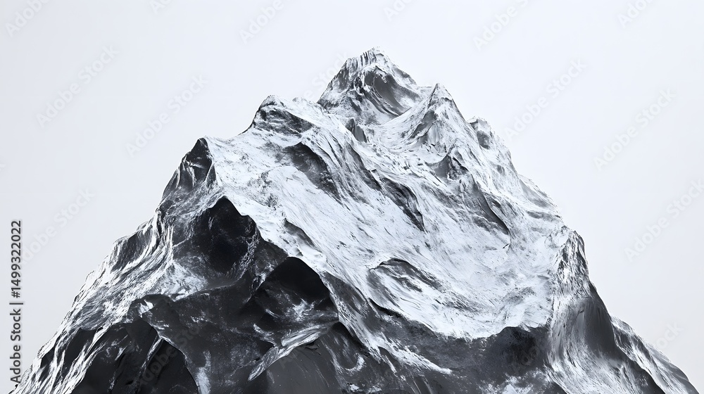 Poster a digitally rendered mountain peak with snow and sharp edges against a white background view from be