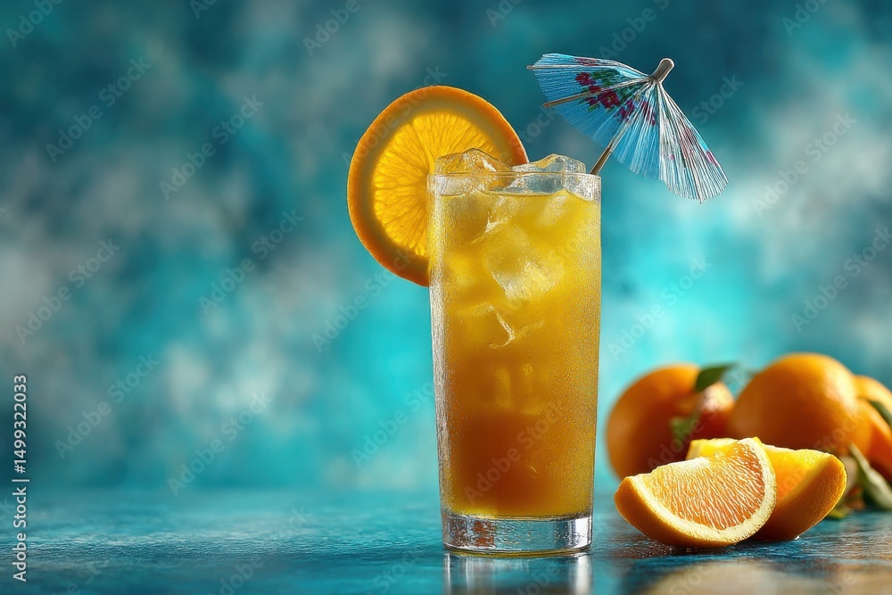 Poster refreshing orange juice with ice cubes and orange slice garnished with a small umbrella, creating an