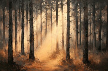 Warm sun rays filtering through tall trees in a quiet forest path