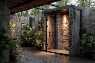 Luxurious outdoor shower with stone walls and lush tropical plants, a serene and private bathing experience in a natural setting, surrounded by greenery and wooden deck.