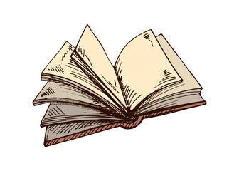 Hand drawn vintage sketch of open book with flipping pages in brown ink, detailed color engraving style