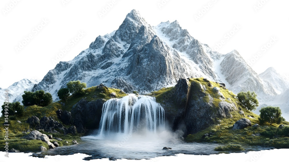 Poster a view of a waterfall flowing from a grassy hill with a snow capped mountain in the background