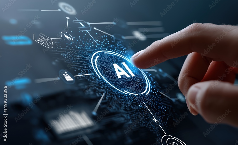 Leinwandbilder Businessman touching ai button on a virtual screen, activating machine learning and artificial intelligence algorithms