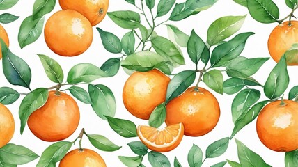 Juicy watercolor orange with green leaves on a white background.