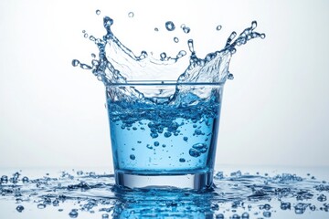 Fresh Water Splash in Glass Hydration Purity Clean Drinking Liquid Droplets Refreshment Healthy Motion Blue Transparent