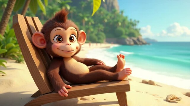 Cartoon monkey admires the sea while relaxing on a beach lounger