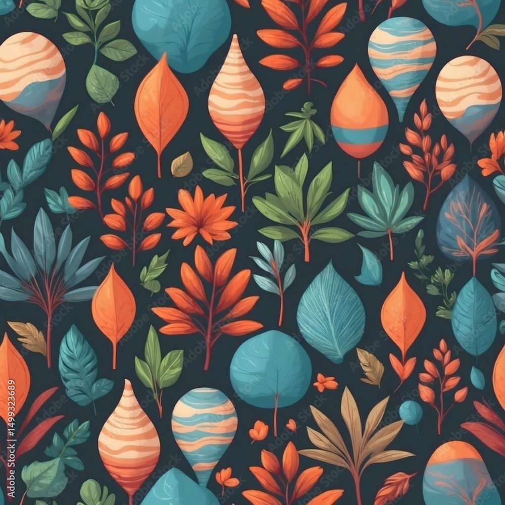 Poster a colorful collection of stylized leaves and plants in a repeating pattern