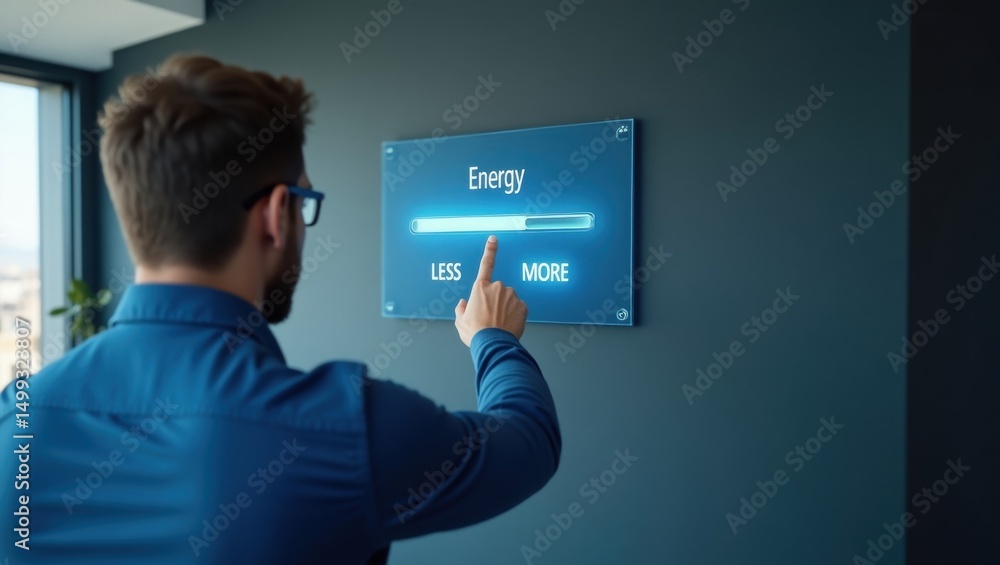 Poster man adjusting energy level on a digital display.
