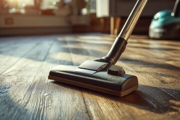 Vacuum cleaner cleaning wooden floor with sunlight in the background for a fresh and hygienic living space, enhancing the cleanliness and comfort.