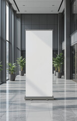 Blank rollup banner stand mockup in modern office with large windows, metal and glass accents, dark background for advertising. 