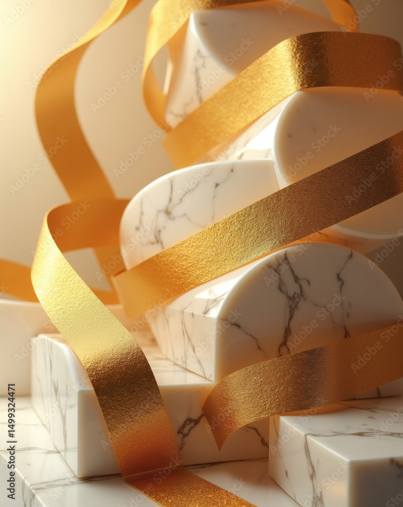 Poster elegant golden ribbon entwined gracefully around marble forms, creating a luxurious and artistic com