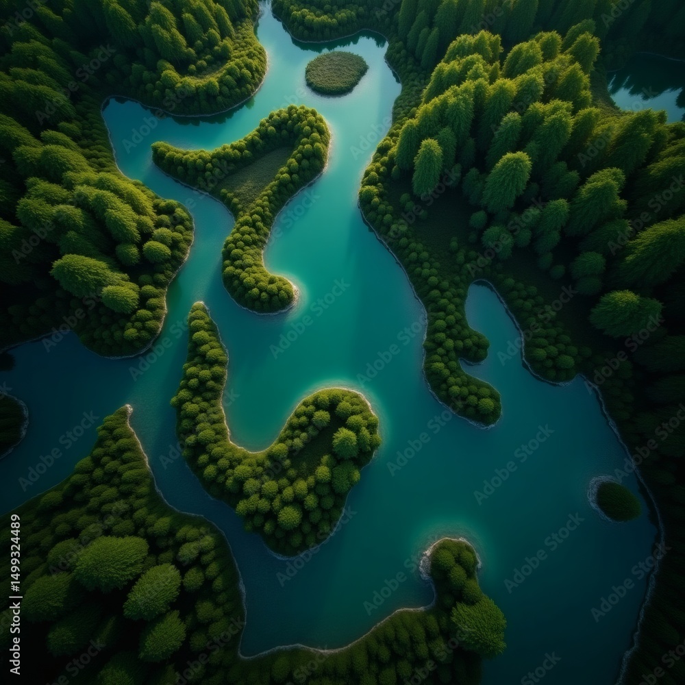 Poster aerial view of a serene landscape with a river winding through lush greenery, capturing a sense of n