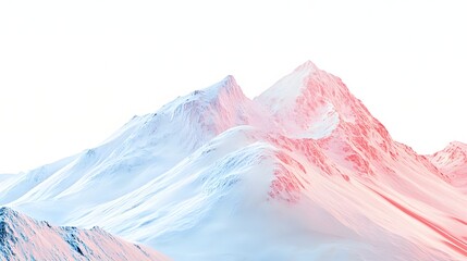 A view of snow covered mountains with pink and blue hues against a white background in daytime
