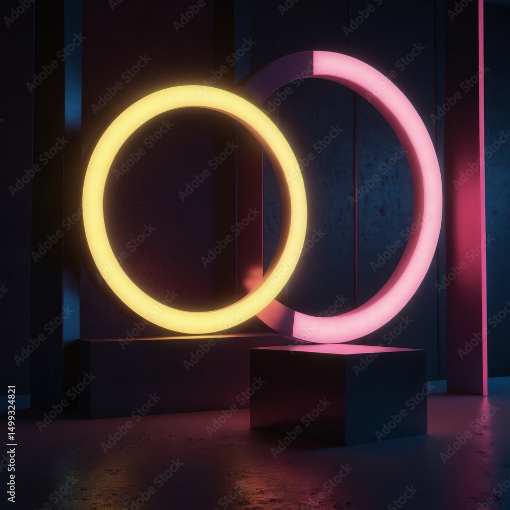 Poster Illuminated abstract composition with two glowing neon circles on display