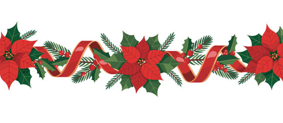 Seamless Christmas Border with Poinsettias and Ribbon
