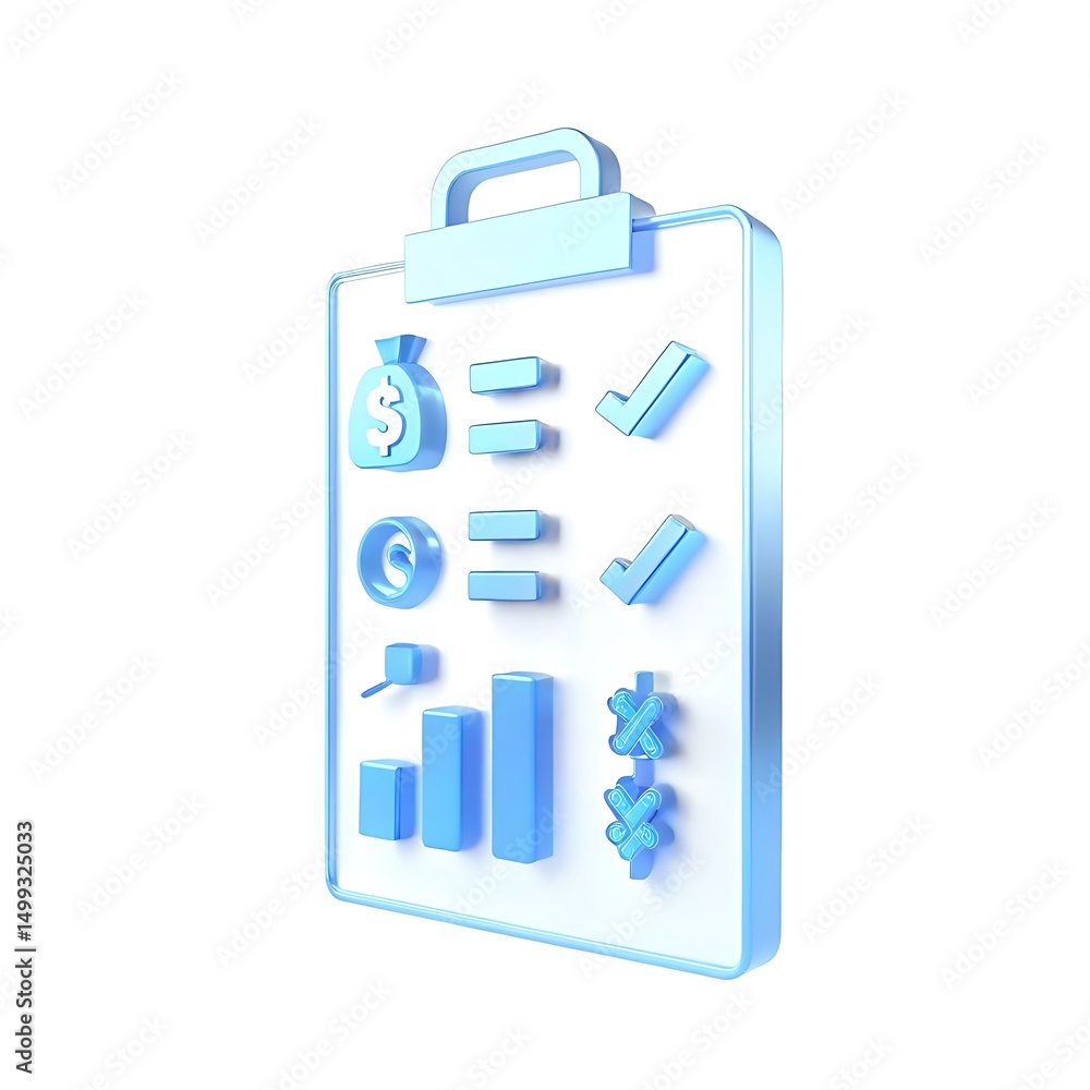 Poster 3d rendered clipboard featuring financial icons representing data analysis and business concepts