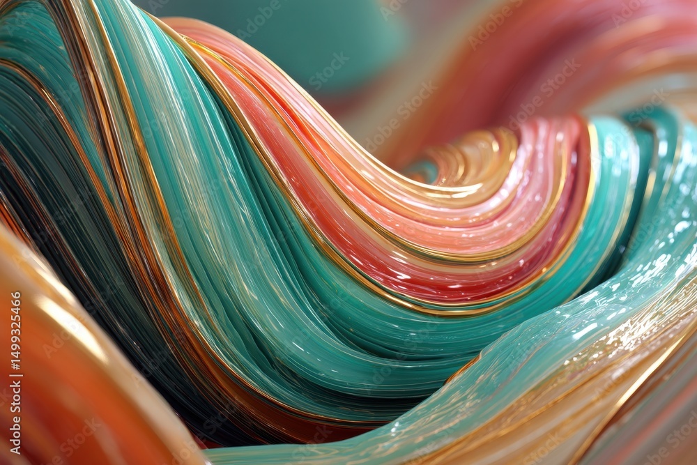 Poster a vibrant and dynamic close-up of swirling colors in teal, coral, and gold, creating an abstract, me