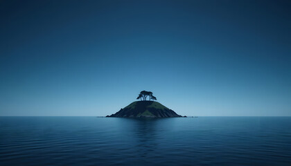 Isolated island in a calm sea, deep blue tones, zen simplicity