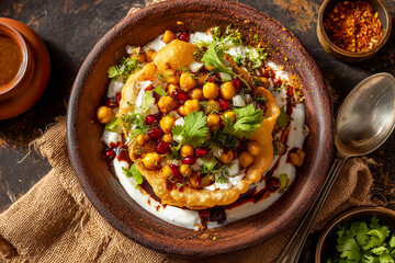 indian chaat with yogurt and spices top view