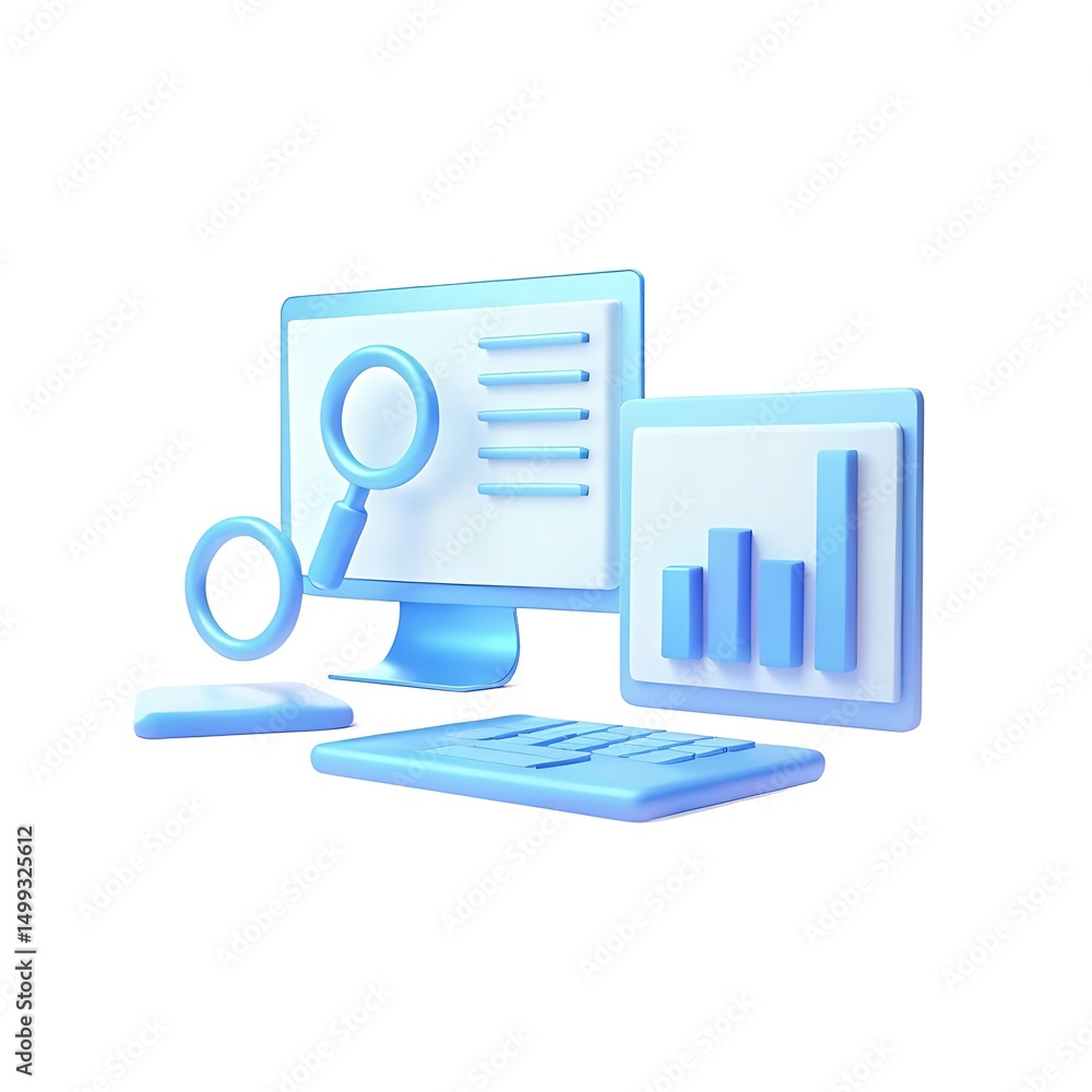 Poster 3d rendered illustration of data analytics elements with magnifying glass and charts.