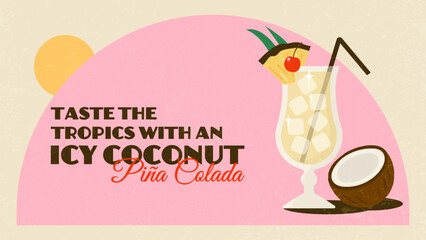 Summer Web large banner with retro coconut piña colada cocktail illustration