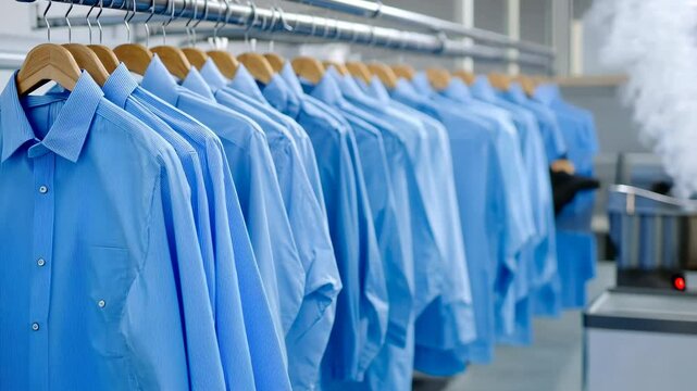 Automated steam pressing of blue shirts on hangers in industrial laundry facility