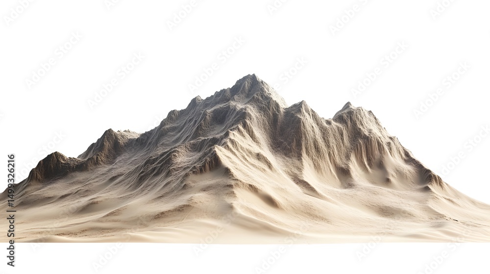 Poster a digital rendering of a large mountain range with visible rock formations and sandy textured slopes
