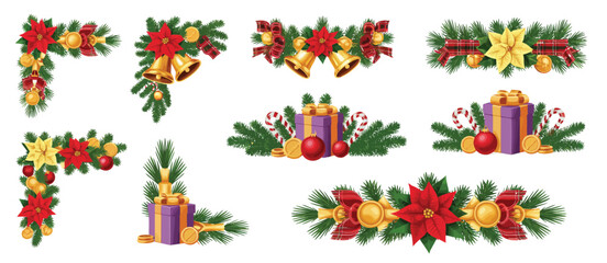 Christmas Decorations Set Festive Wreaths, Corners, and Gifts